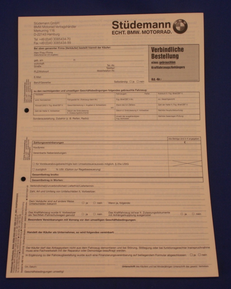 Bestellblock Formular gebrautes Kraftfahrzeug St&uuml;demann