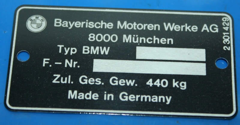 Typenschild am Rahmen rechts 440KG Typ BMW 8000 München